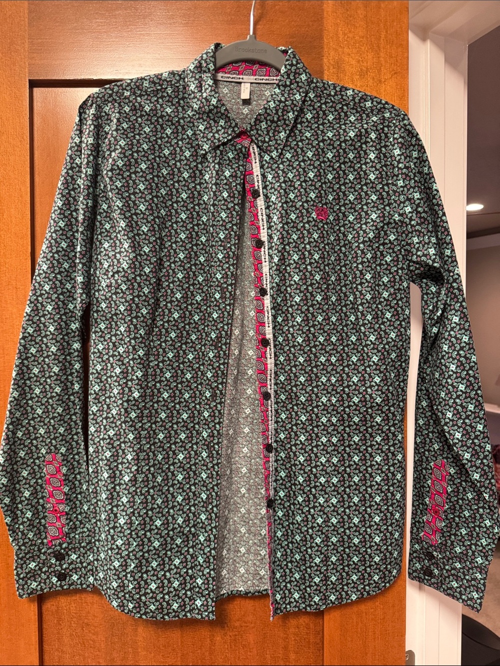 Women’s Cinch Green and Black Button-Up Shirt with Magentas Accents
